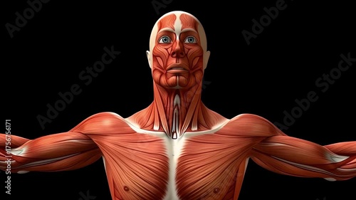Detailed Muscular System Anatomy Human Body Front View Black Background