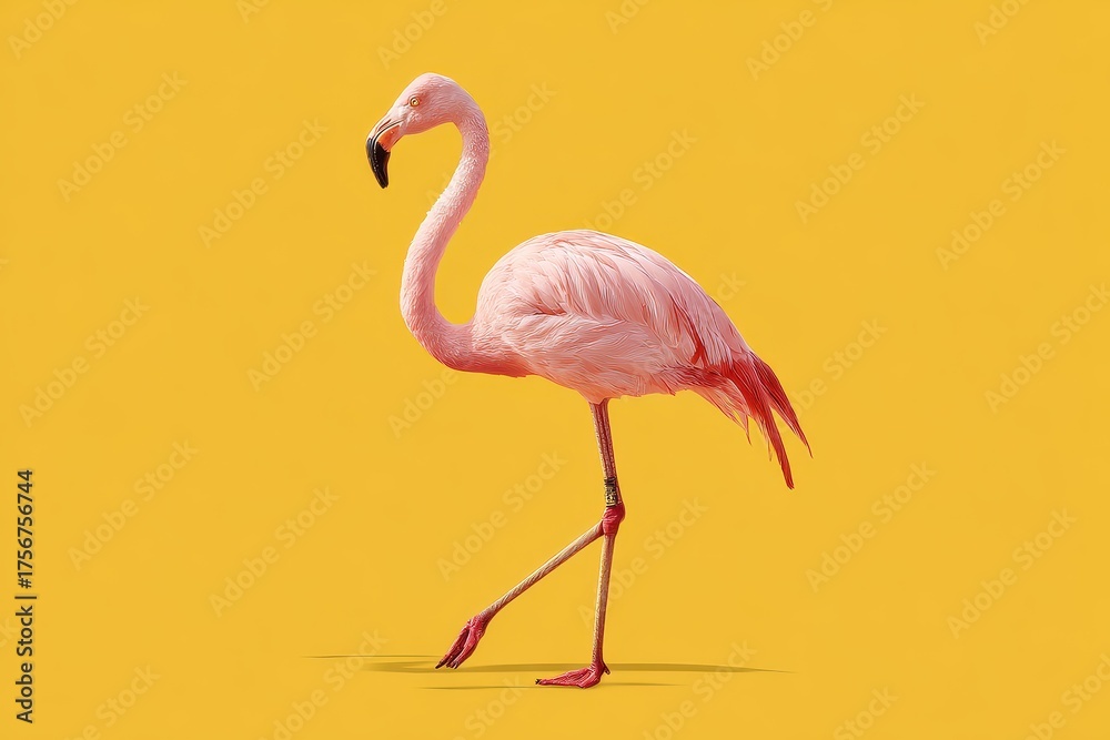 Obraz premium Realistic pink flamingo walking gracefully across a vibrant yellow background showcasing its elegant posture and feathers in natural surroundings