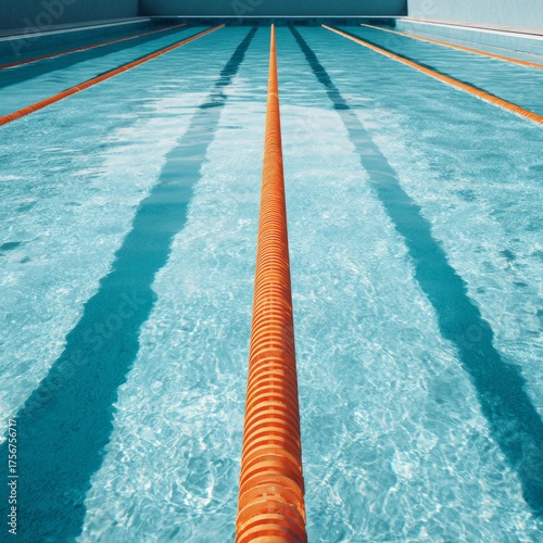 Calm Swimming Pool Water with Orange Lane Dividers in Bright Sunlight