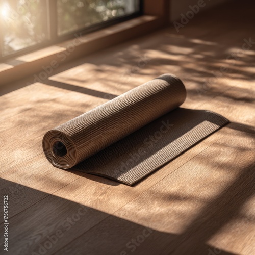 Serene Yoga Mat on Wooden Floor with Gentle Sunlight Rays