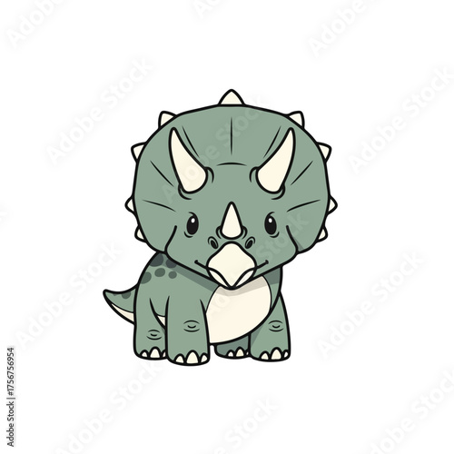 Cute triceratops sitting down in a playful pose with soft colors and rounded shapes, creating a charming and whimsical scene.