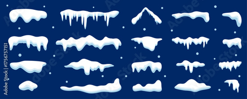 Vector snow cap and snow drift set with icicle shapes, collection of clean winter elements for holiday cards, frosty banners, and seasonal design projects.