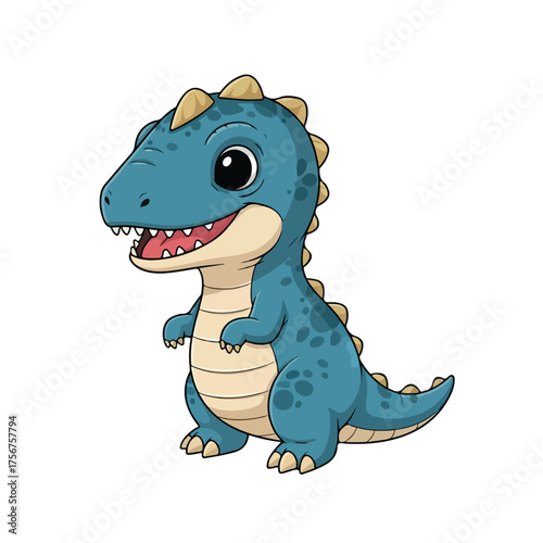 Cute blue dinosaur smiling cheerfully while standing on a white surface, showcasing its playful nature and friendly demeanor, creating a whimsical and joyful scene.
