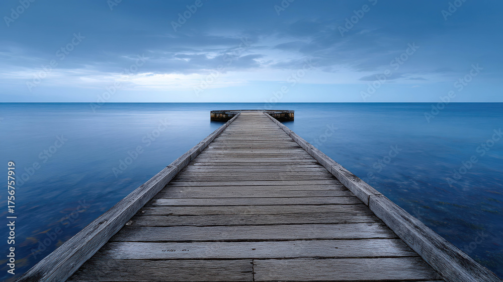 Fototapeta premium Wide Angle Photograph of an Old Pier Extending Into Calm Waters Under Overcast Sky with Soft Light and Tranquil Ambiance