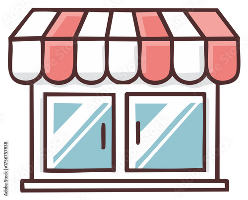 Cartoon illustration of a store front with pink and white striped awning and glass doors.