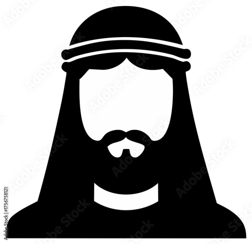 Monochrome illustration of a man with beard wearing a head covering, Vector