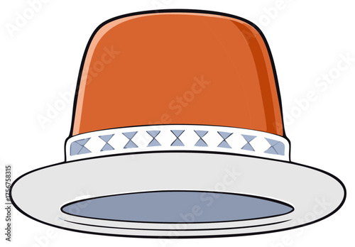 Stylized cartoon illustration of an orange hat with a wide brim and geometric pattern