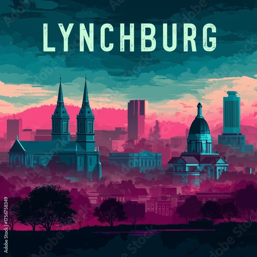 City of Lynchburg, Virginia skyline postcard style vector illustration