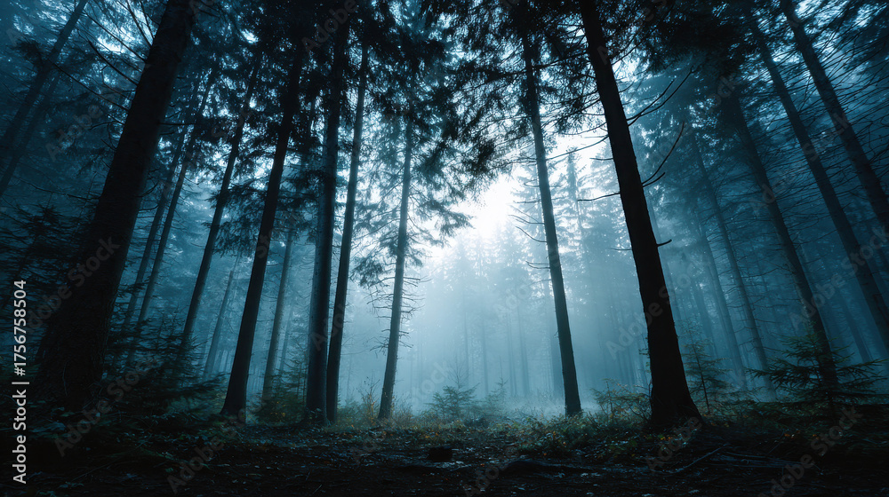 Fototapeta premium Wide Angle Shot of a Serene Forest Illuminated by Faint Dusk Light, Enveloped in Mystical Fog and Shadowy Trees