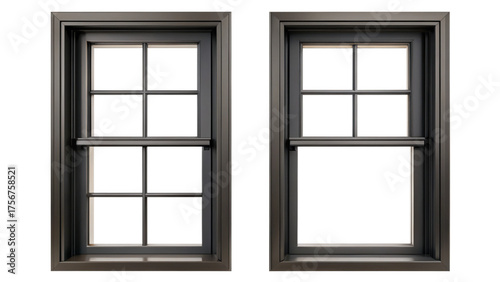 Two black window isolated on transparent background, one open and one closed