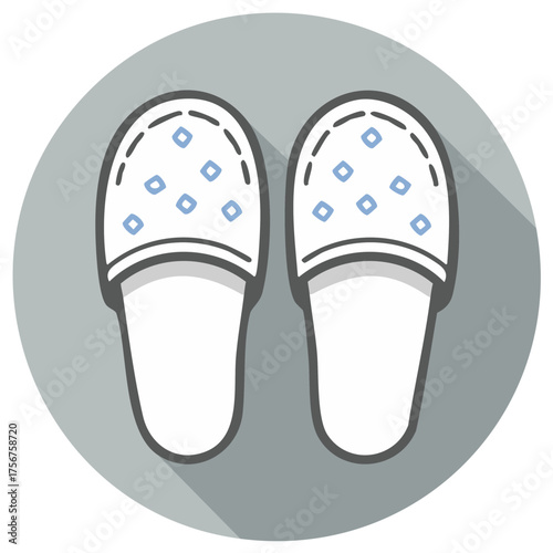 Pair of white house slippers with blue pattern flat design vector icon with long shadow