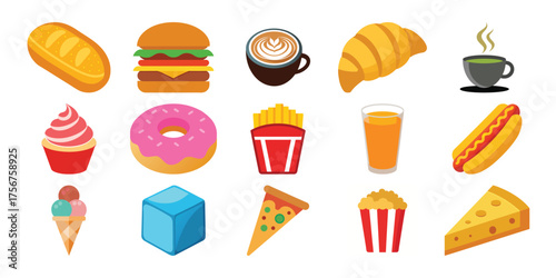 A vibrant collection of delicious fast food and sweet treats arranged in a grid pattern