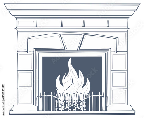 Elegant Classic Fireplace Illustration with a Burning Fire and Mantelpiece