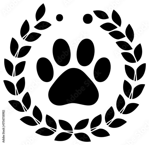 Paw print in circular laurel wreath symbol. Pet care, animal award, victory, companionship icon.