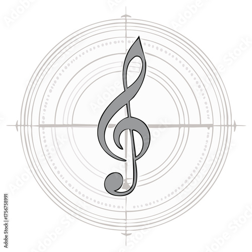 Elegant gray treble clef emblem surrounded by concentric circles, symbolic music, musical staff, score