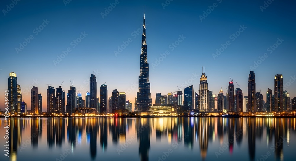 Obraz premium A breathtaking panoramic view of a modern city skyline at dusk, dominated by a towering skyscraper, with its illuminated buildings reflected in the calm water below.