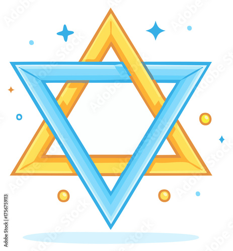 Cartoon illustration of a shiny blue and gold Star of David, a Jewish religious Magen David symbol
