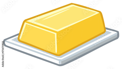 Fresh golden yellow butter block resting on a clean white serving dish a staple kitchen ingredient