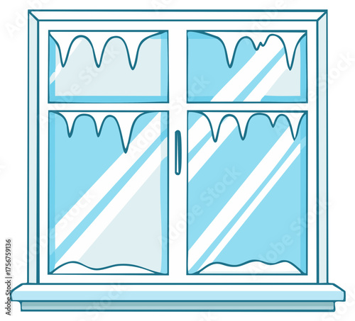 Chilly winter window with decorative frost and ice patterns on blue glass panes in a cheerful illustration
