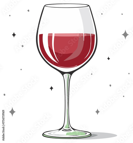 Elegant glass filled with deep red wine surrounded by sparkling stars and dots