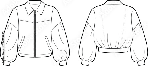 Technical flat sketch vector illustration of a cropped bomber jacket with puff sleeves and stand collar, front and back view for trendy outerwear design, fashion CAD.