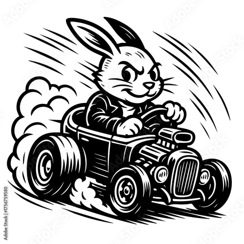 Detailed monochrome illustration of a bunny drifting a mini hot rod with a smirk