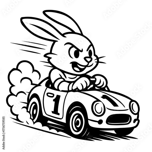 Stylized black and white bunny racer speeding in a small car with smoke trails
