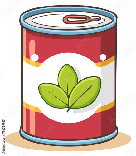 A Red Canned Food with Green Leaves Label Illustration for Culinary Use
