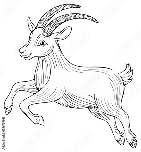 Stylized Ibex with Majestic Horns Leaping Joyfully in Elegant Outline