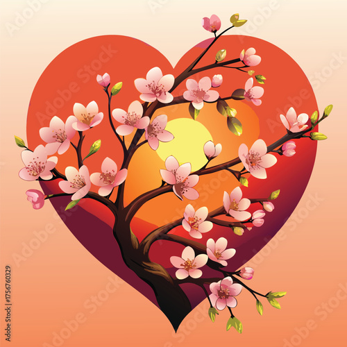 a heart shaped tree with pink blossoms and a sun in the background