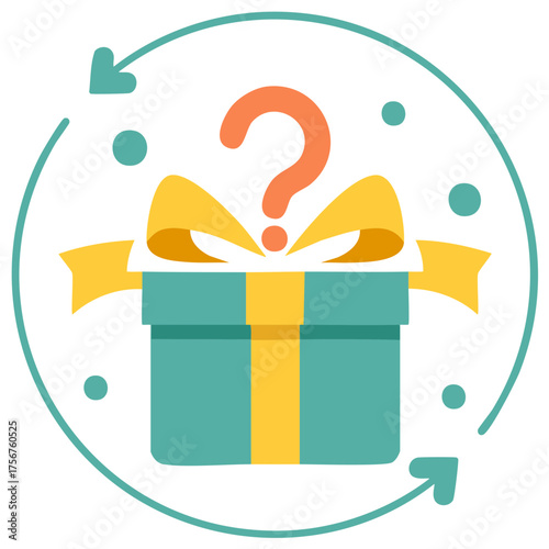 Present with question mark and arrows, mystery gift concept