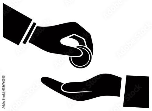 Hand giving coin to another hand, black and white illustration