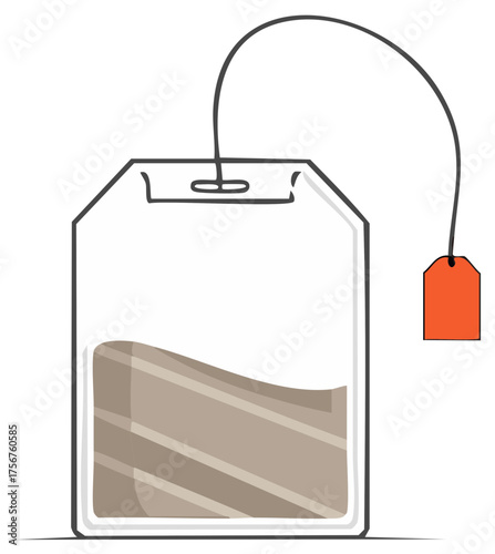 Clean graphic illustration of a teabag with string and orange label for hot beverage