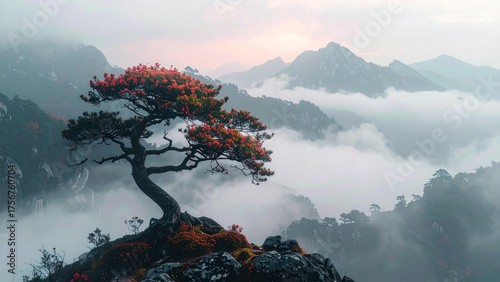 A single orange tree among Majestic mountain landscape at sunrise with fog rolling through the valley and clouds touching the peak