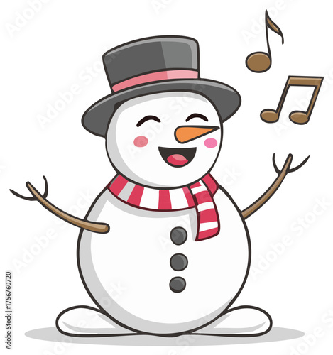 Happy Snowman with Hat and Scarf Singing with Musical Notes Winter Holiday Illustration