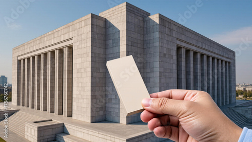 Hand reaching for a square wooden block on a grey building background.