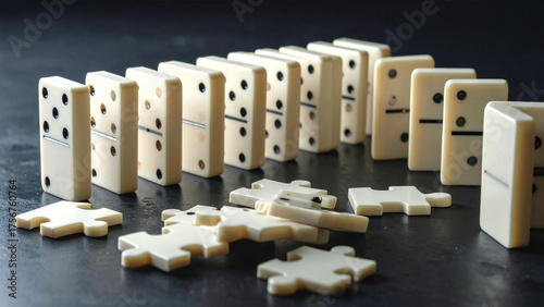Black dominoes in a row on a white background illustrate the domino effect concept of success in business