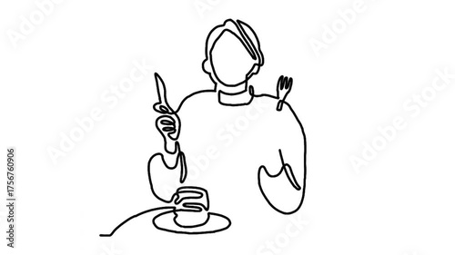Continue line animation of woman eating pancakes for breakfast