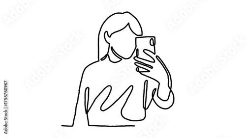 Continue line animation of woman take selfie with phone camera