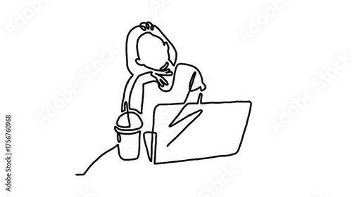 Continue line animation of woman sitting on the chair and working with laptop