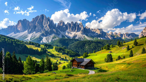 An idyllic summer panorama of a Swiss Alps mountain landscape with green meadows, a forest, and a clear sky