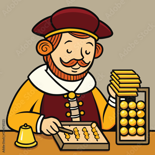 Renaissance banker skillfully counting gold florins using an abacus and tools on a table