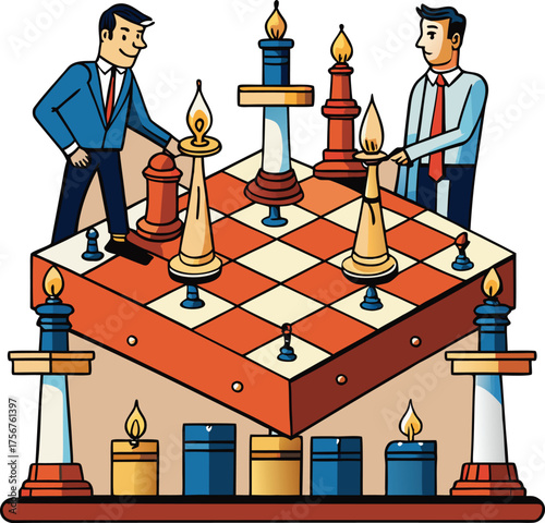 Traders as chess pieces strategizing on a dynamic board with candles symbolizing business competition