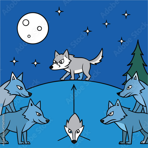 Wolf pack strategizing hunt under moonlight dynamic canine coordination forest night scene
