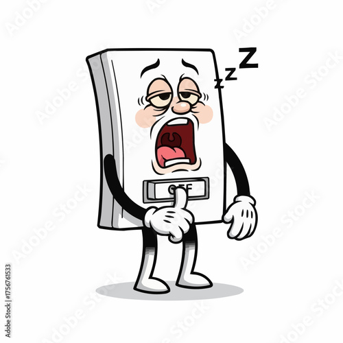 Cartoon light switch character yawning with "OFF" button, showing fatigue and sleepiness.