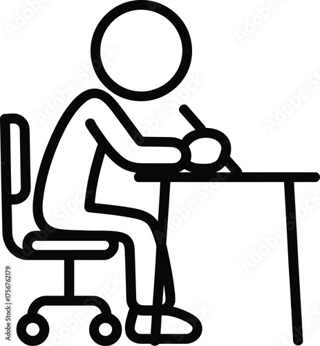 Simple icon of a person sitting at a desk writing with a pen