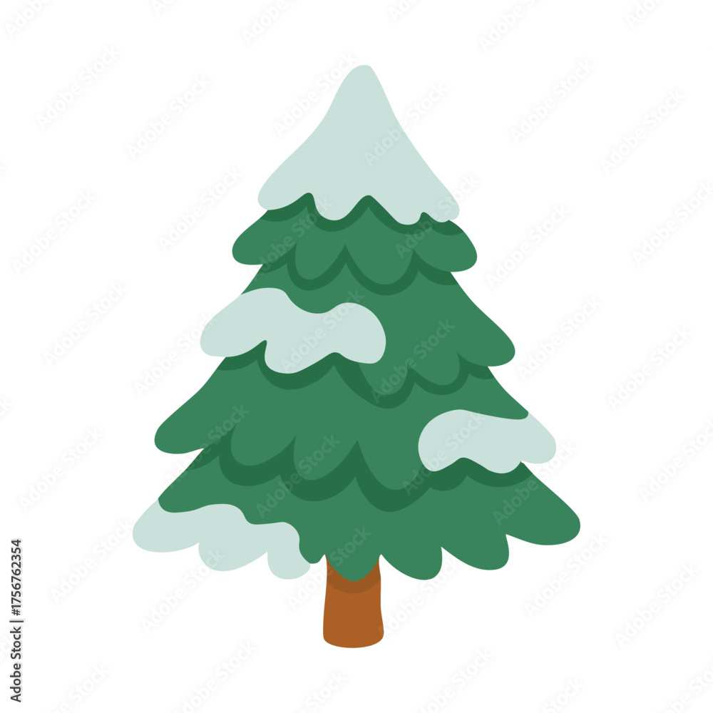 Fototapeta premium Green fir tree with snow on branches, soft flat winter illustration on white background.