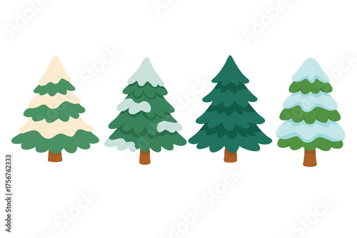 Four cute winter fir trees in soft flat style, snow covered branches, white background.