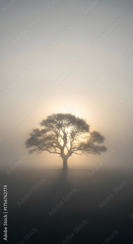 Fototapeta premium A solitary tree stands silhouetted against the rising sun, shrouded in a mystical morning mist.
