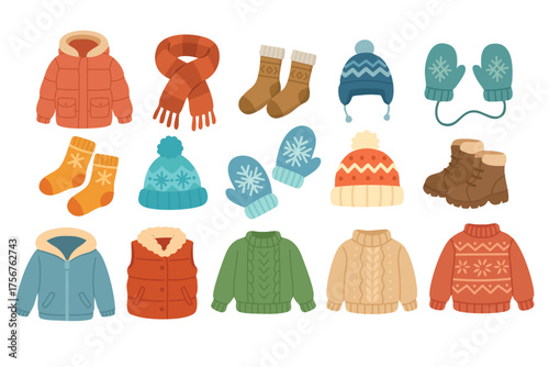 Set of cozy winter clothes in soft flat style, sweaters, mittens, socks, hats, and boots.